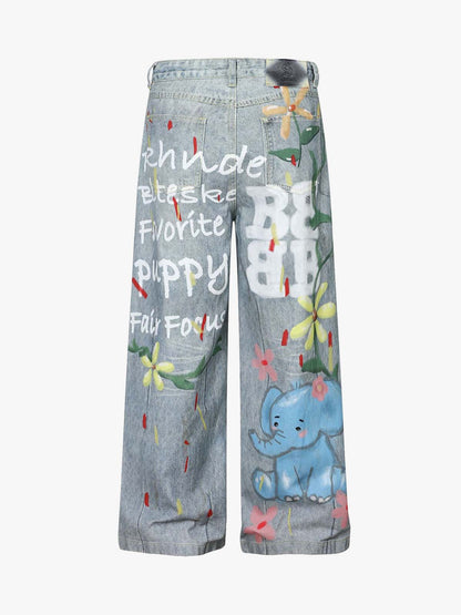 Denim Painted Animal Print Wide Leg Jeans with Cartoon Cat Dog Design 