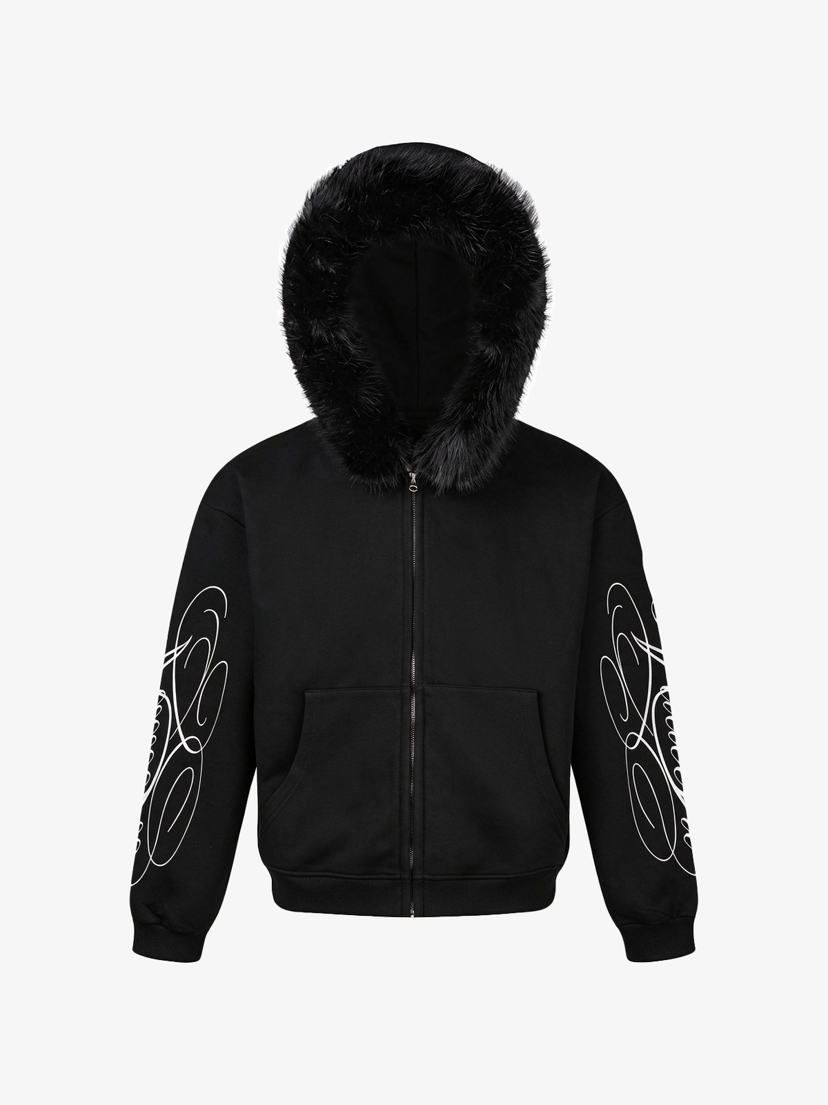 Fur-Trim Sleeve Graphic Zip Hoodie