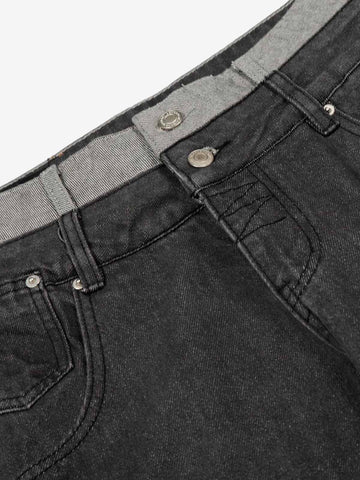 Vintage Washed Layered Waist Wide Leg Denim Jeans 