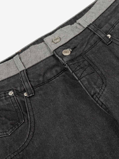 Vintage Washed Layered Waist Wide Leg Denim Jeans