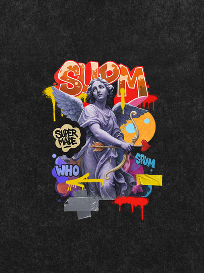 Angel statue and street graffiti mixed pattern T-shirt 