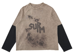 Thesupermade Contrast Color Stitching Sleeves-washed And Distressed Printed T-shirt 