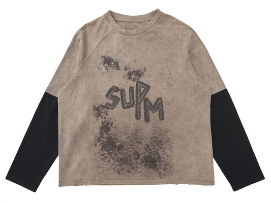Thesupermade Contrast Color Stitching Sleeves-washed And Distressed Printed T-shirt 
