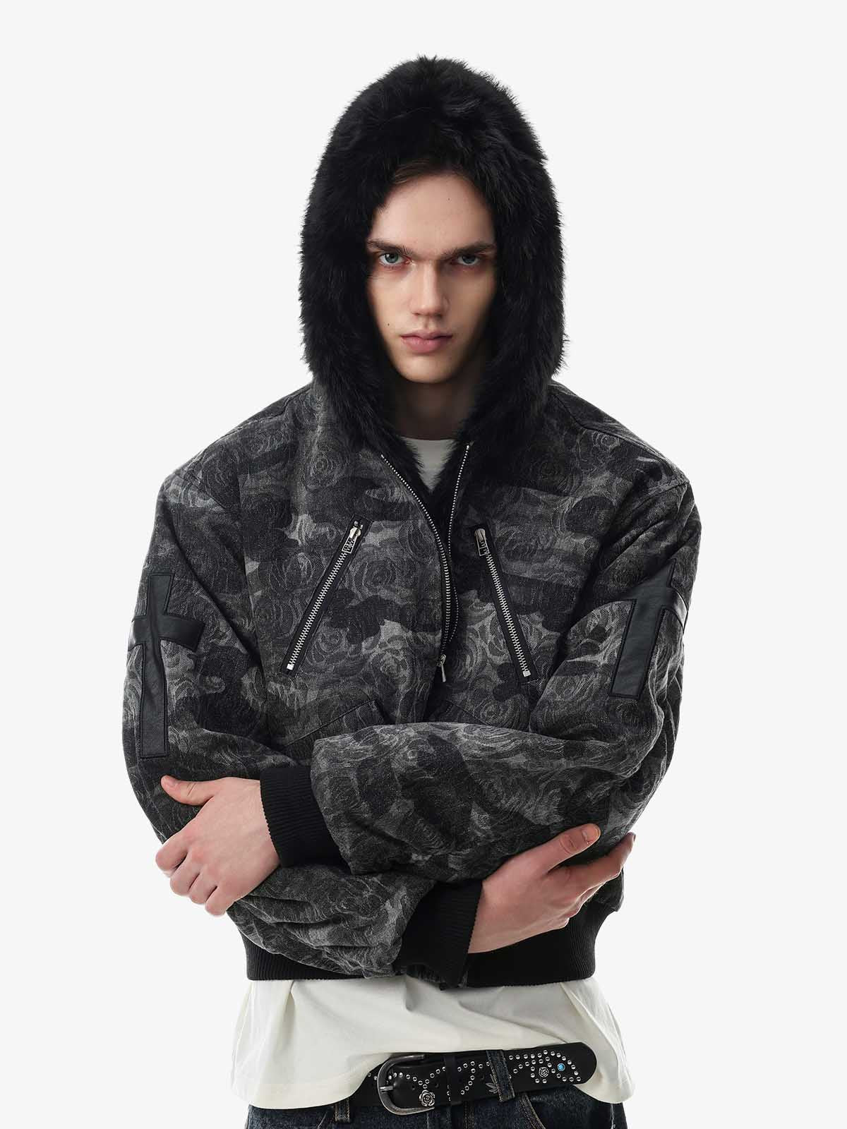 Floral Camo Faux-Fur Collar Padded Bomber Coat