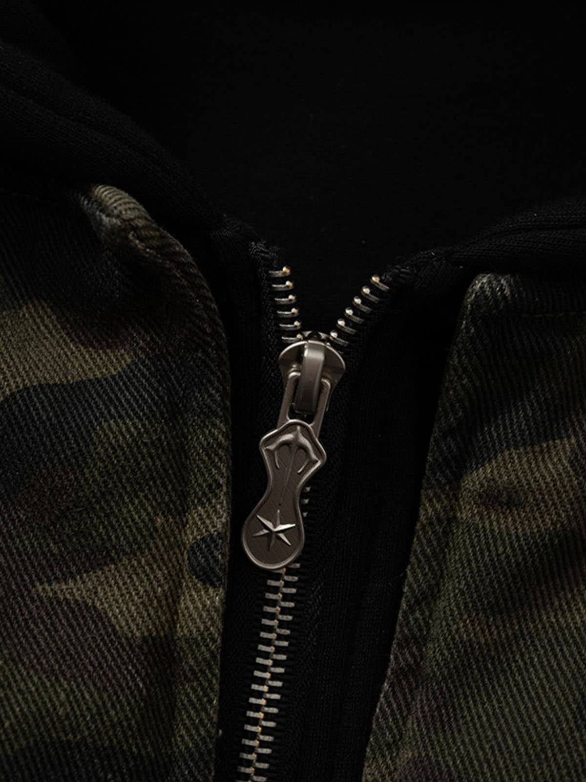 Camouflage Hooded Jacket with Distressed Details and Toggle Closure 