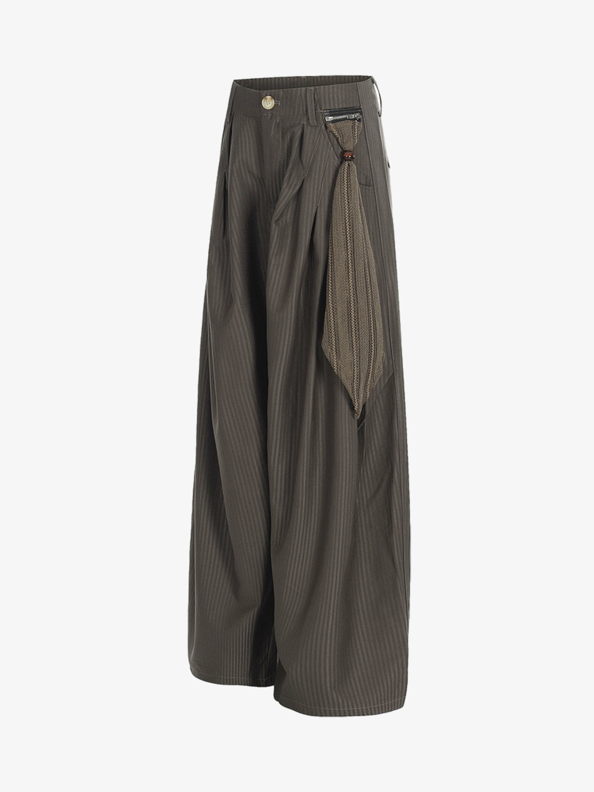 Pinstripe Pleated Wide Leg Trousers with Side Strap Detail