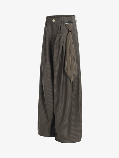 Pinstripe Pleated Wide Leg Trousers with Side Strap Detail