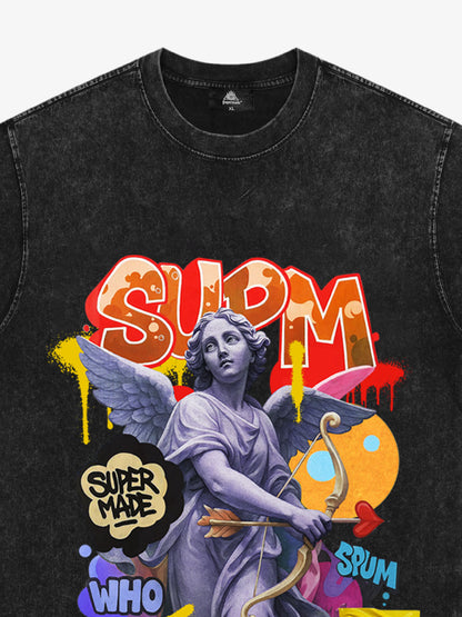 Angel statue and street graffiti mixed pattern T-shirt 