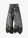Denim Star Print Wide Leg Pants with Elastic Cuff for Casual Streetwear 