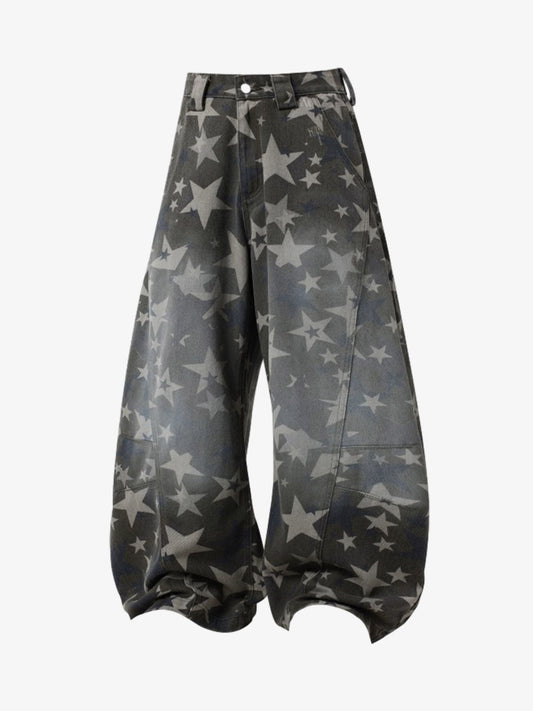 Denim Star Print Wide Leg Pants with Elastic Cuff for Casual Streetwear 