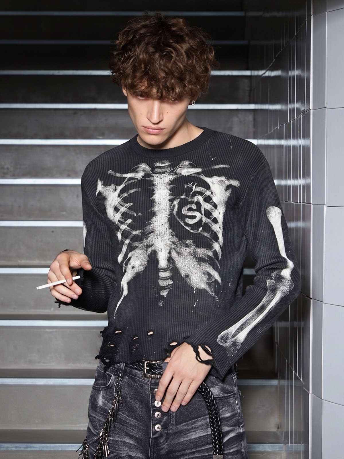 Skull Graphic Distressed Knit Sweater