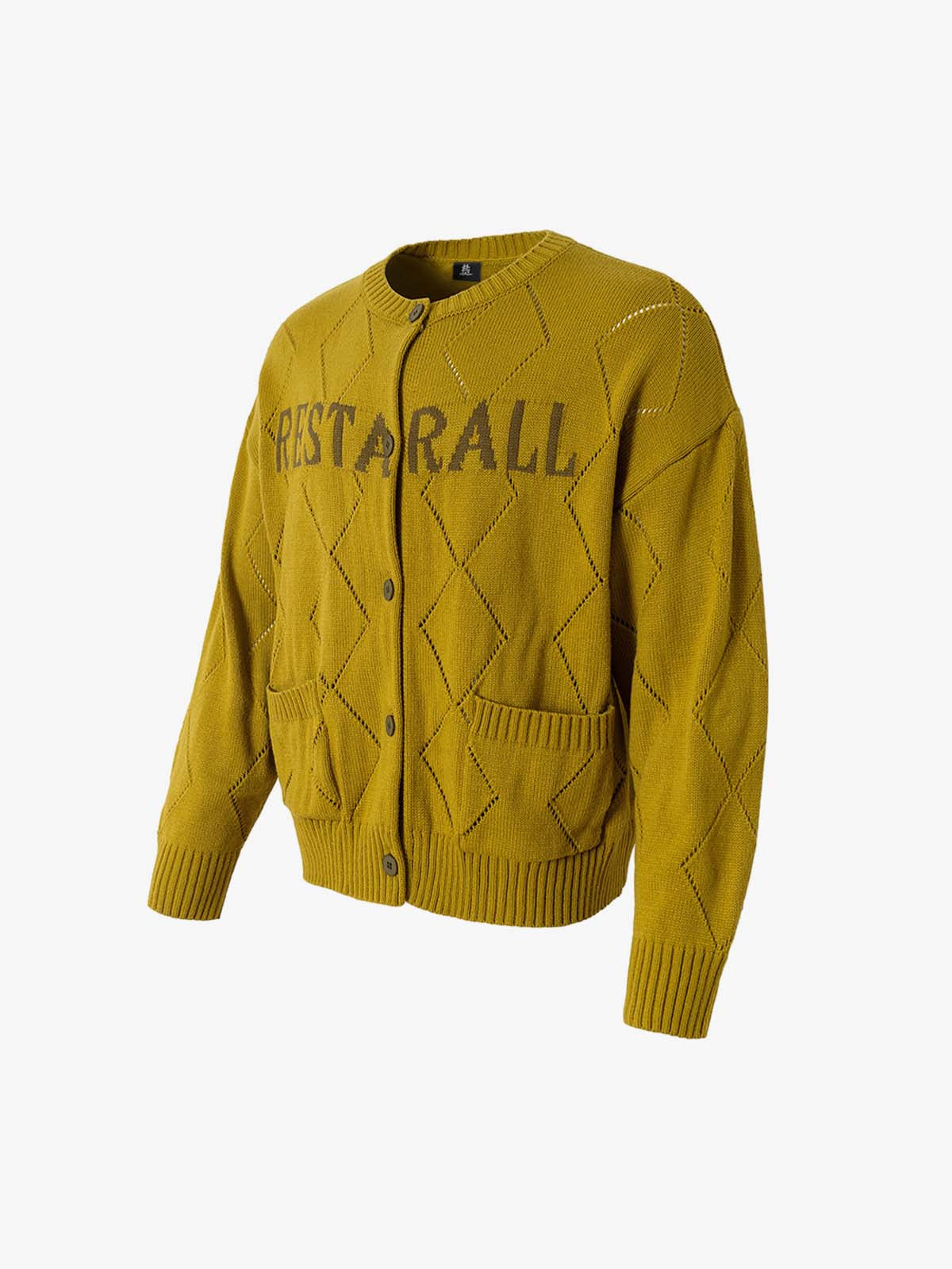Mustard Yellow Knit Cardigan with Diamond Pattern and Bold Lettering 