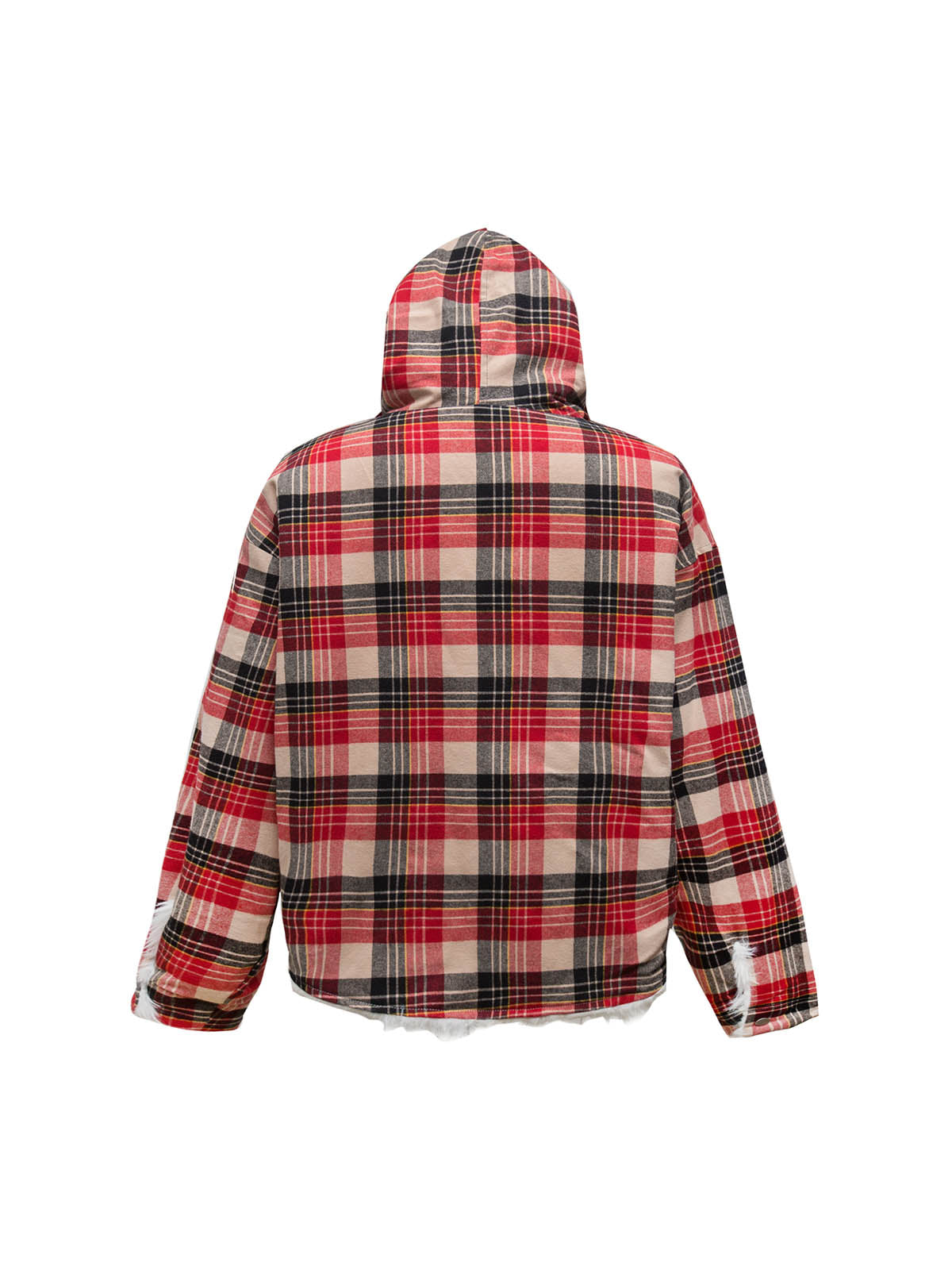 Plaid Sherpa Lined  Fur Hooded Jacket 
