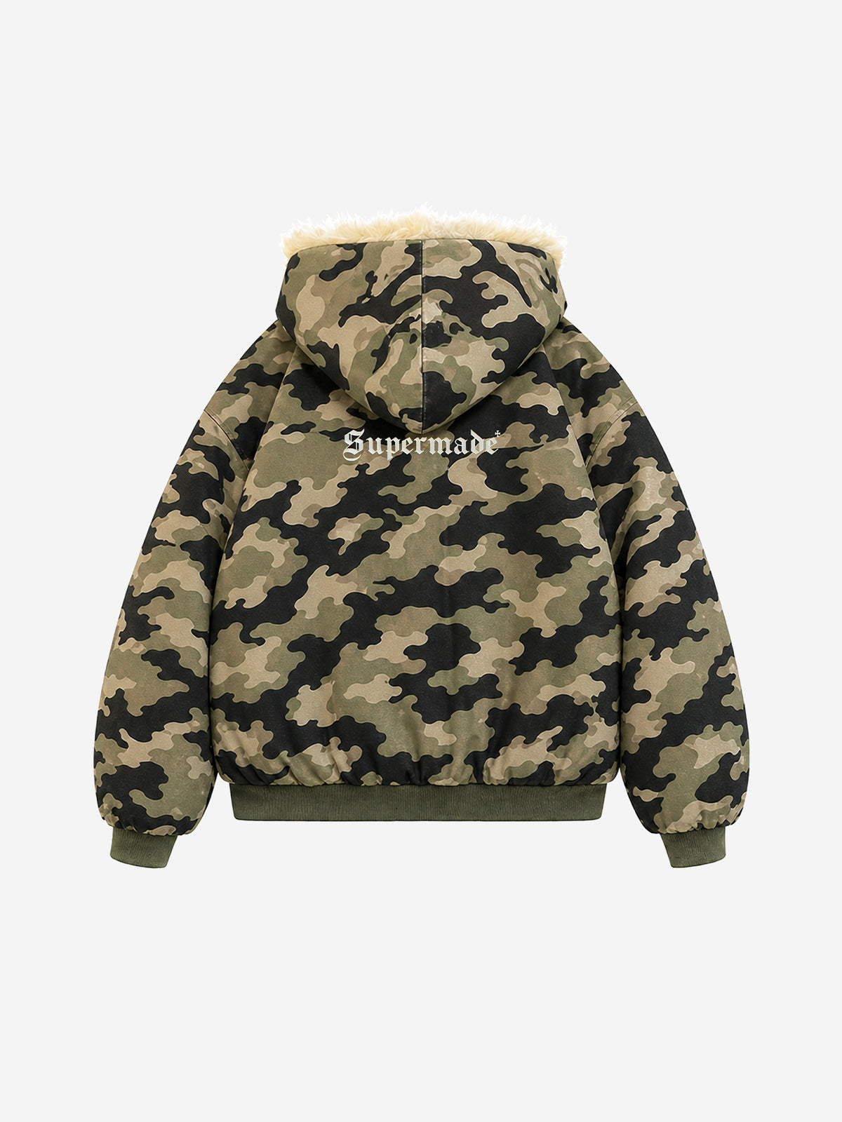 Camo Faux-Fur Trim Bomber Coat