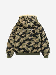 Camo Faux-Fur Trim Bomber Coat