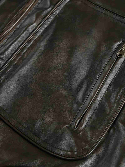 Thesupermade American Retro PU Leather Stand Collar Workwear Motorcycle Vest 