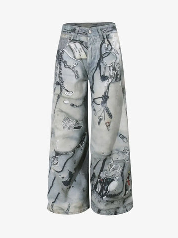 Abstract 3D Digital Print Wide-Leg Jeans 
