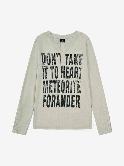 Vintage Grunge Text Print Henley Long Sleeve T-Shirt 