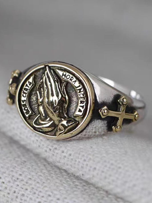 Antique Bronze Prayer Hands Cross Ring for Men Religious Symbol Statement Jewelry Fashion Accessory 