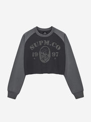 Distressed Graphic Color Block Cropped Sweatshirt