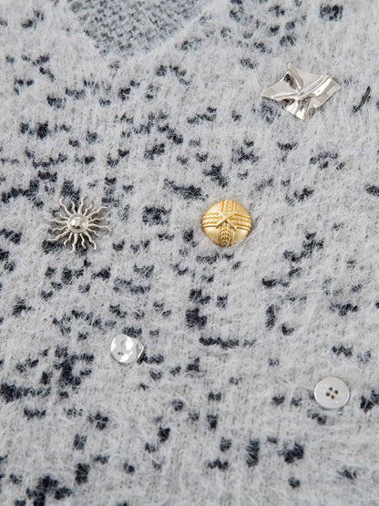 Stylish Speckled Knit Sweater with Embellished Buttons 
