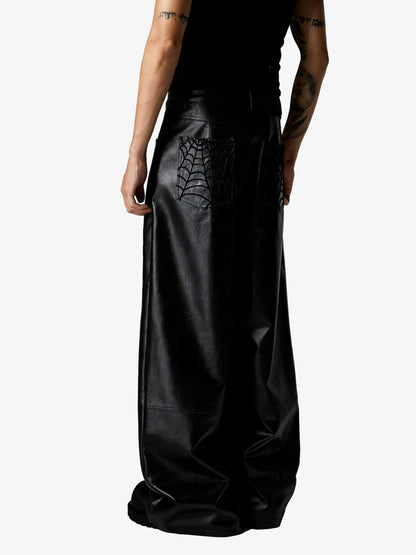 Faux Leather Wide Leg Pants with Spiderweb Embossed Pockets - Edgy Fashion Statement 