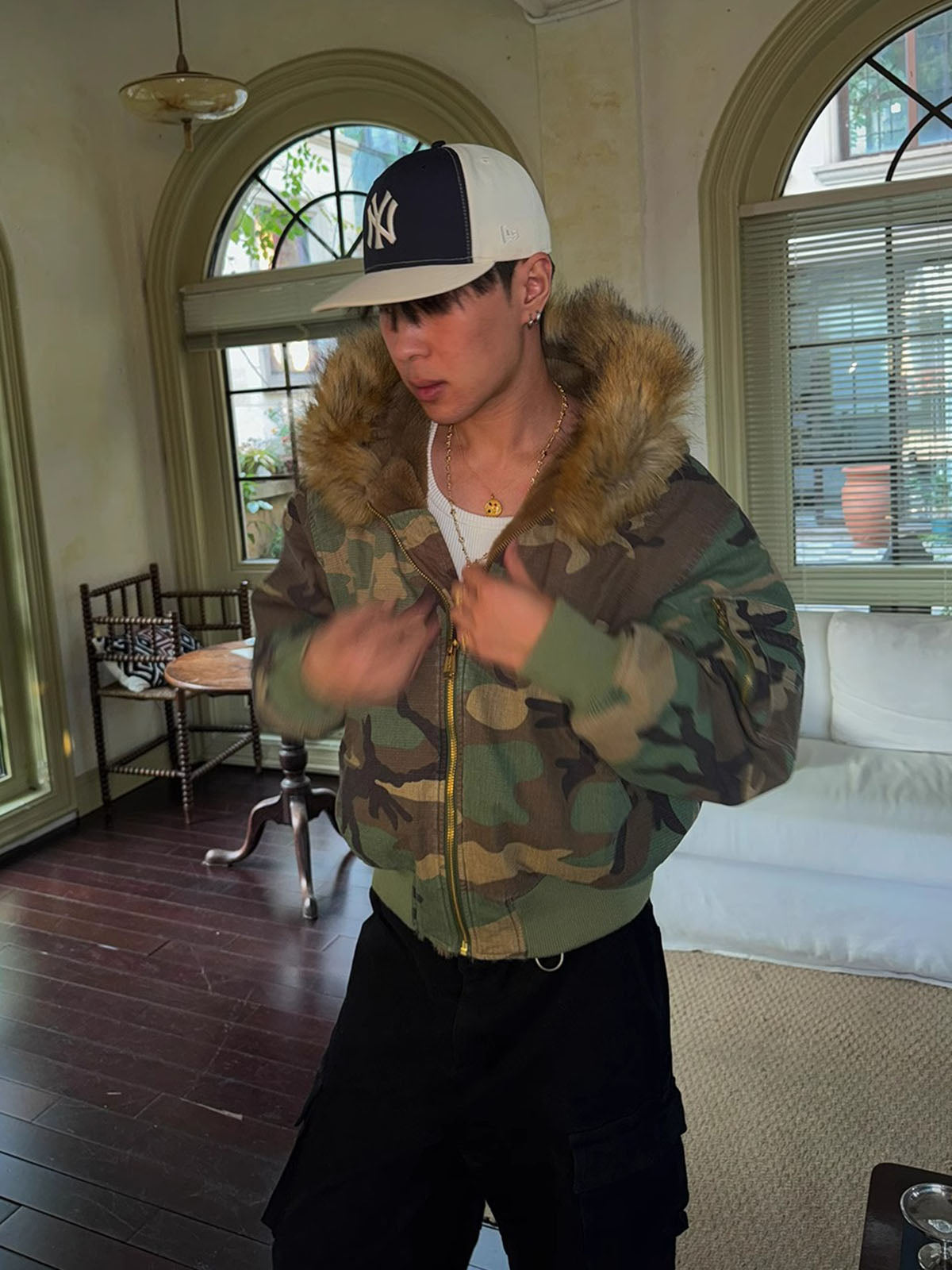 Camouflage Bomber Jacket with Faux Fur Hood for Winter and Fall 