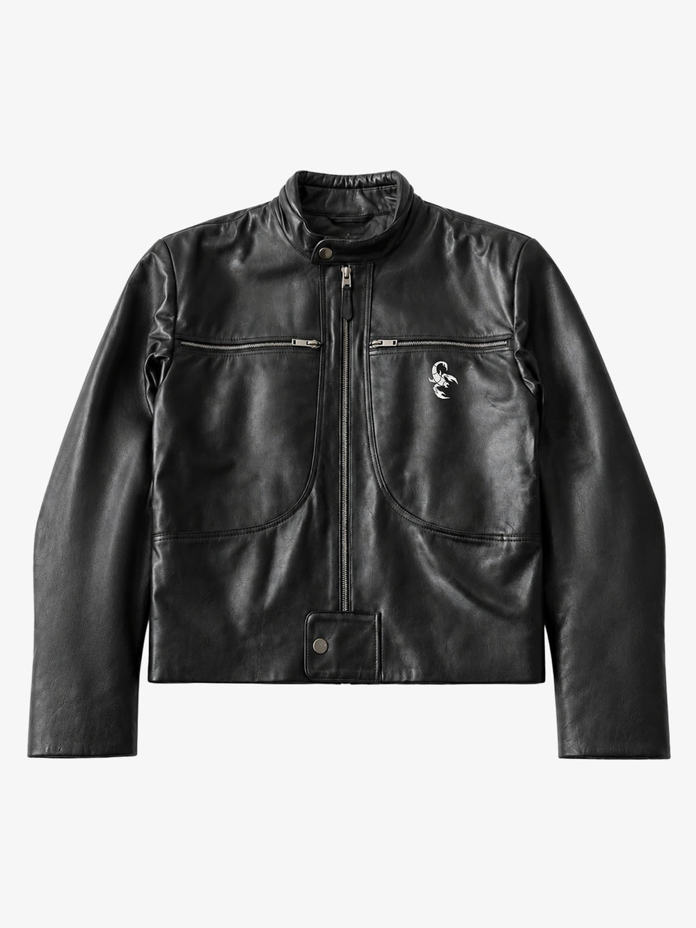 Curved-Panel Stand-Collar Cropped Biker Jacket