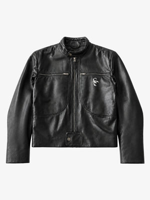 Curved-Panel Stand-Collar Cropped Biker Jacket