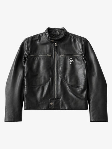 Curved-Panel Stand-Collar Cropped Biker Jacket