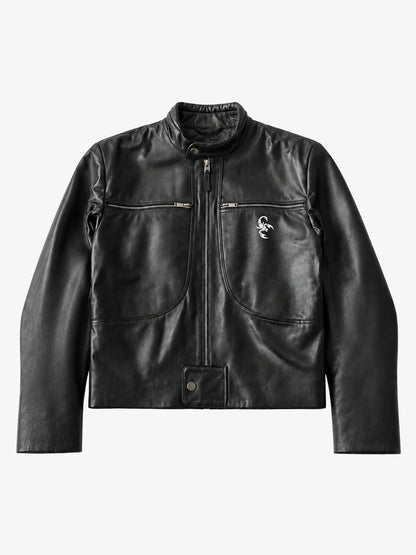 Curved-Panel Stand-Collar Cropped Biker Jacket