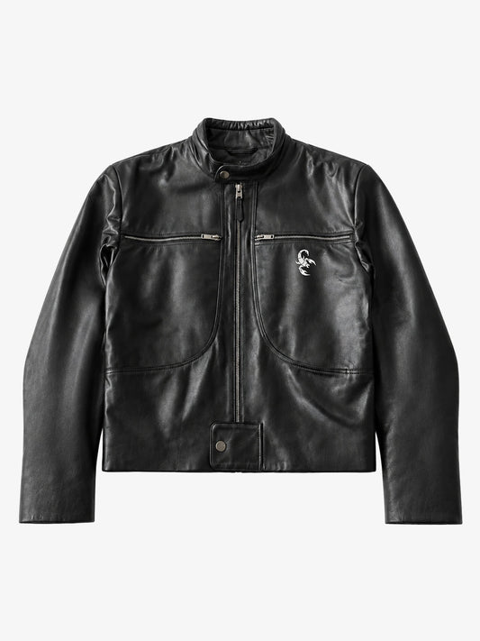 Curved-Panel Stand-Collar Cropped Biker Jacket