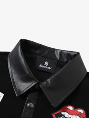 Distressed Graphic Faux Leather Long Sleeve Polo