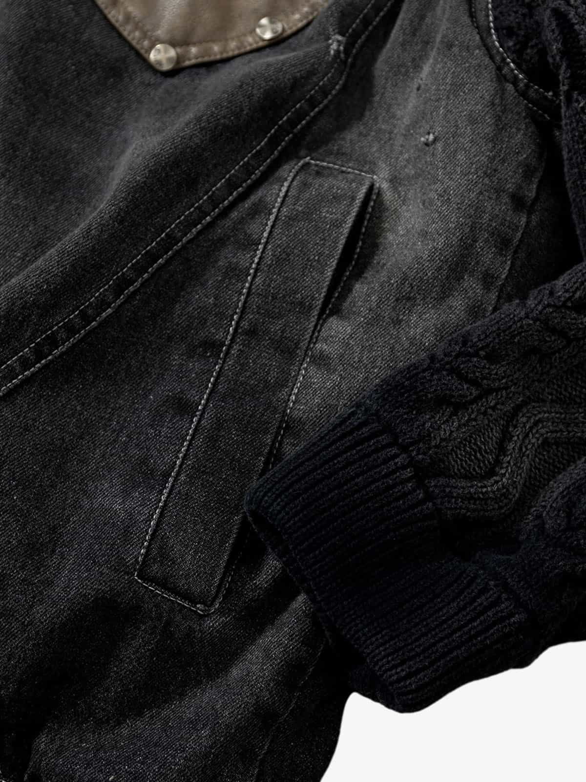 Stylish Denim Jacket with Cable Knit Sleeves and Leather Patches for Men 
