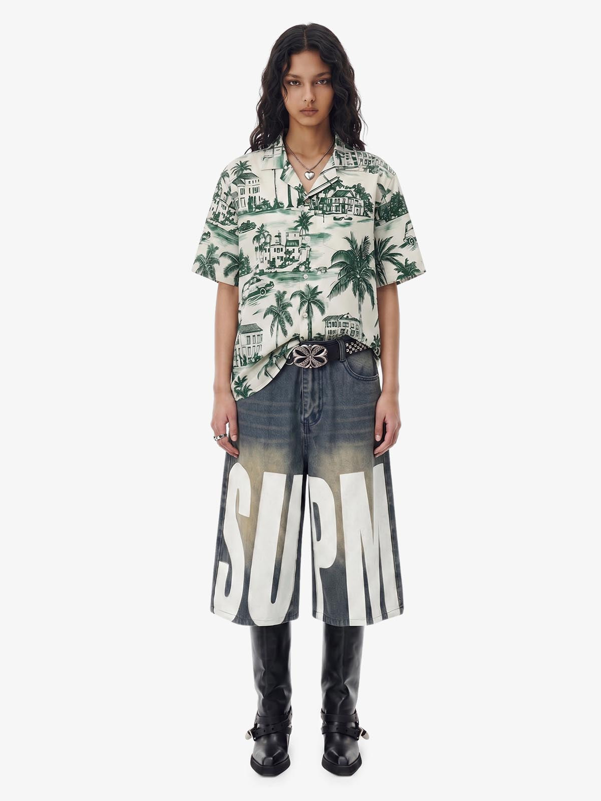 Vintage Green Coconut Tree Camp Collar Boxy Shirt 