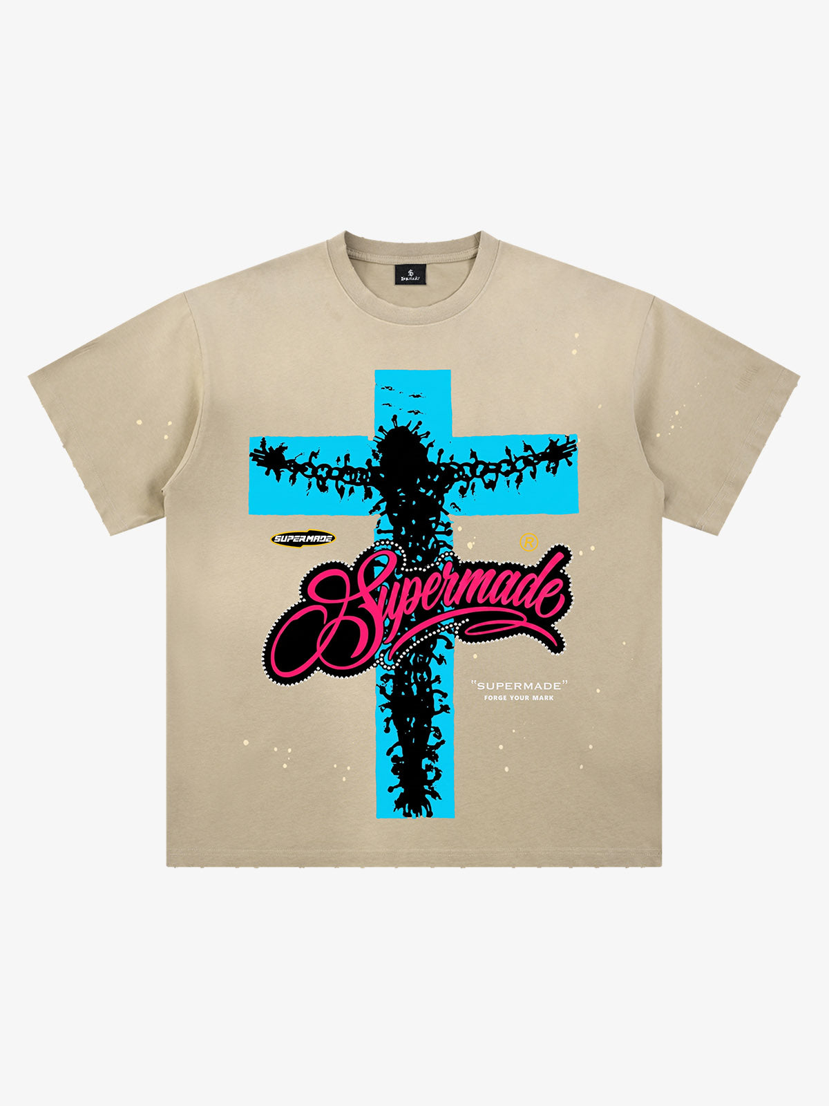 Maglietta con stampa graffiti "Passione di Cristo" e schizzi di vernice.
