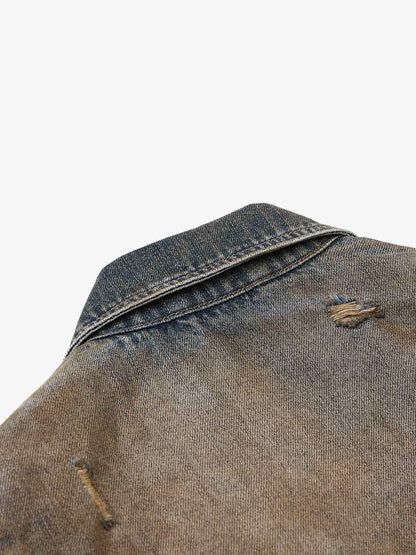 Vintage Washed Distressed Denim Zip Up Jacket