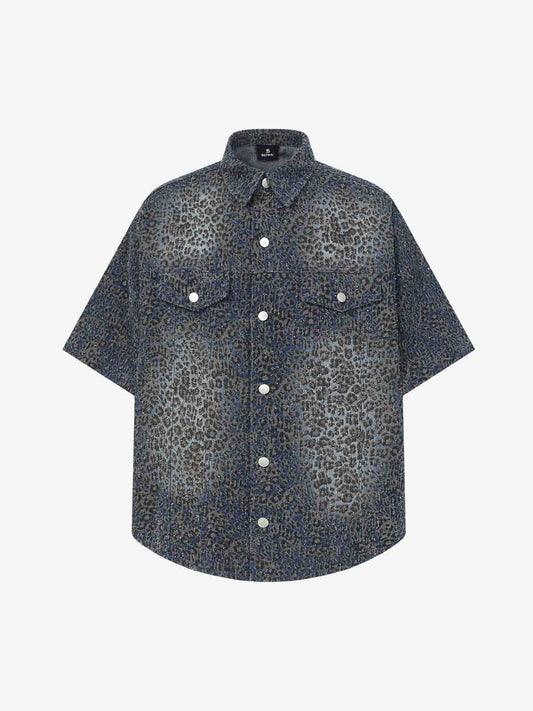 Vintage Leopard Print Washed Denim Short Sleeve Shirt