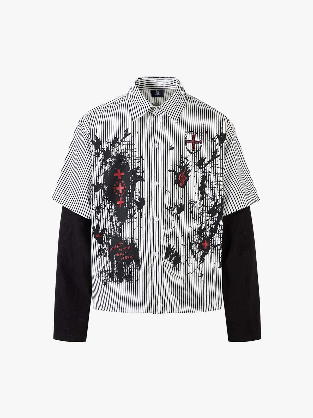 Thesupermade Street Dark Faux Two-piece Striped Long-sleeved Shirt 