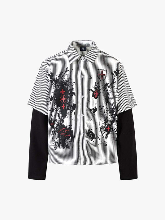 Thesupermade Street Dark Faux Two-piece Striped Long-sleeved Shirt 