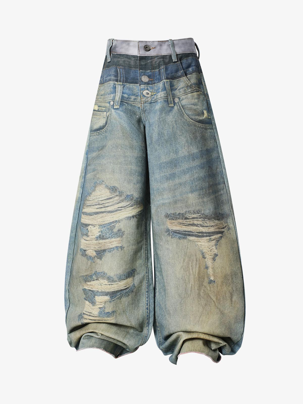 3D Graphic Distressed Gradient Ripped Wide-Leg Jeans