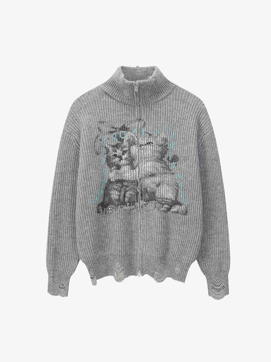 Cozy Cat Graphic Knit Sweater for Casual Wear 