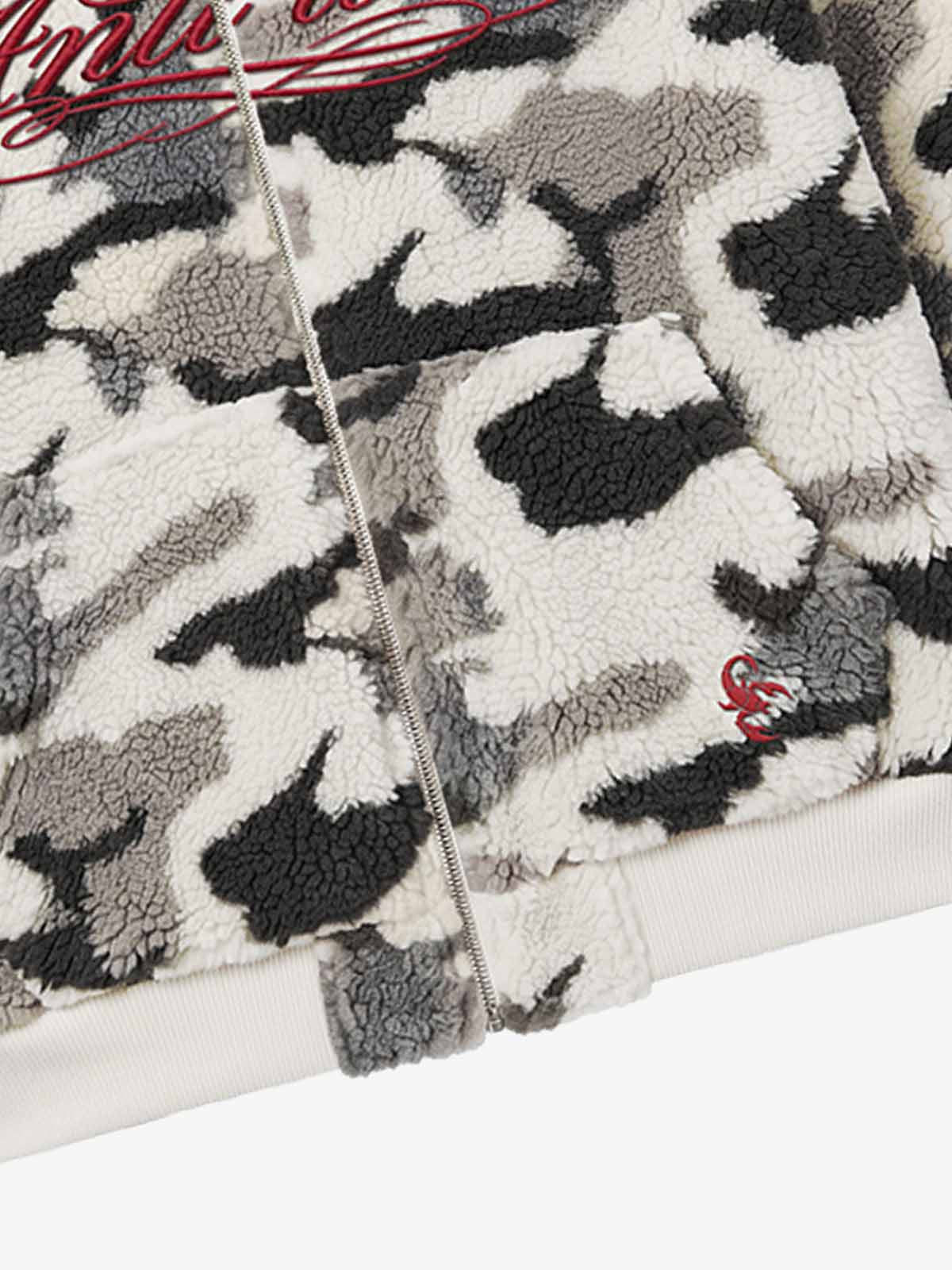 Letter Embroidered Camo Sherpa-Fleece Hooded Padded Jacket