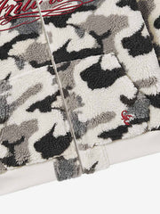 Letter Embroidered Camo Sherpa-Fleece Hooded Padded Jacket