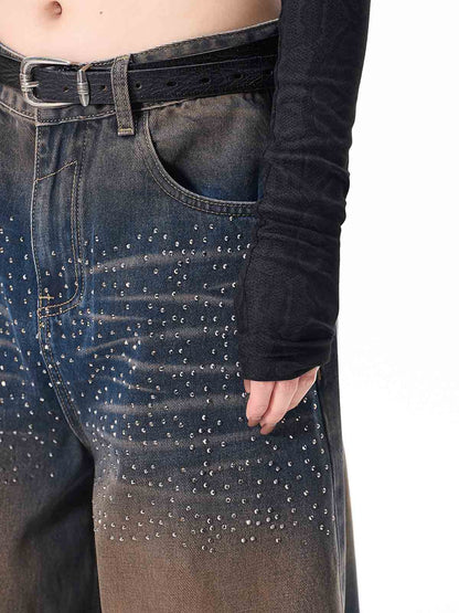 Gradient Wash Wide-Leg Jeans with Rhinestone Accents 