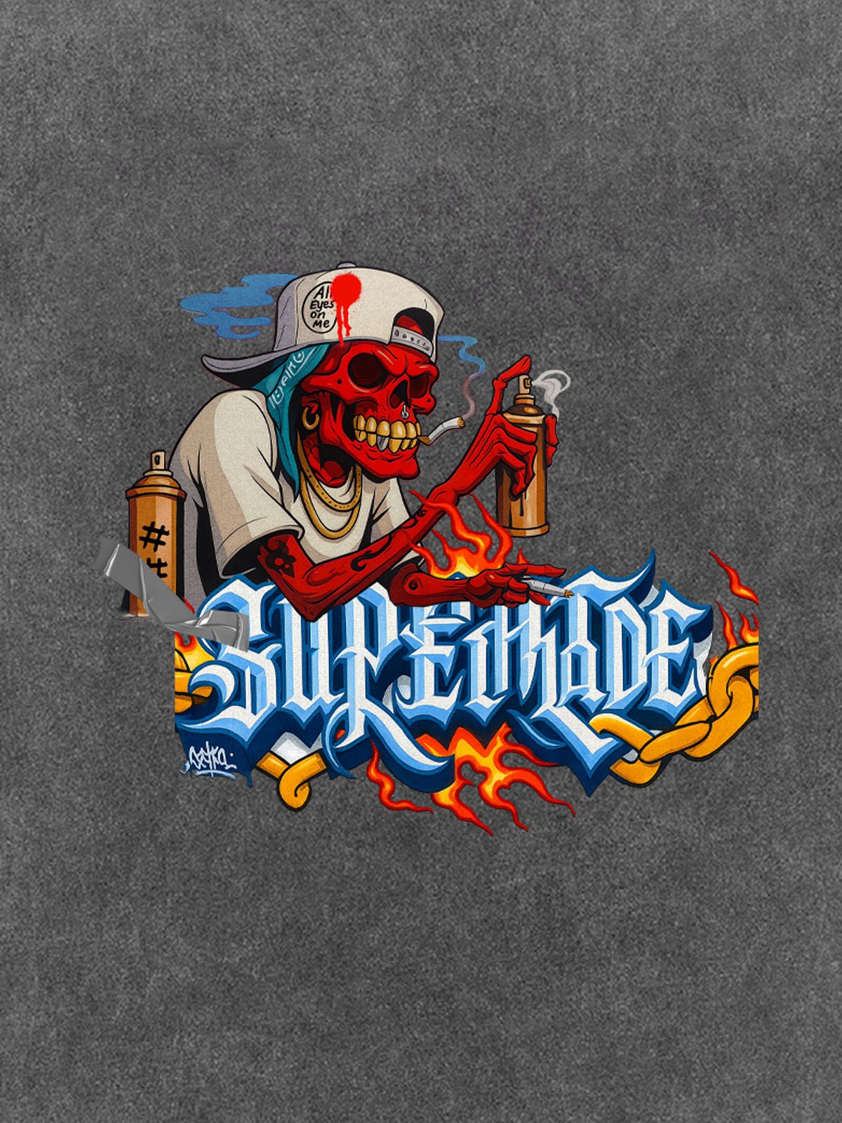 Thesupermade Skull Graffiti Artist Flame Flower Font T-shirt 