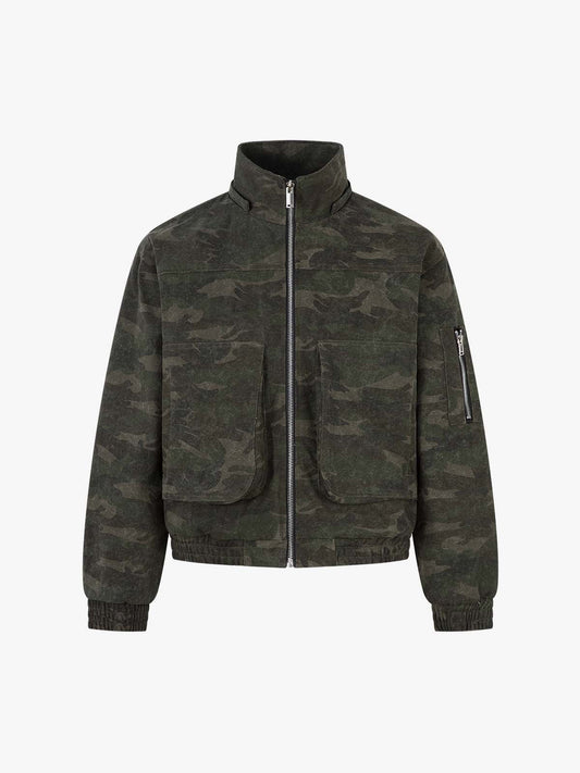 Retro Camo Faux Fur Trim Detachable Hooded Jacket 