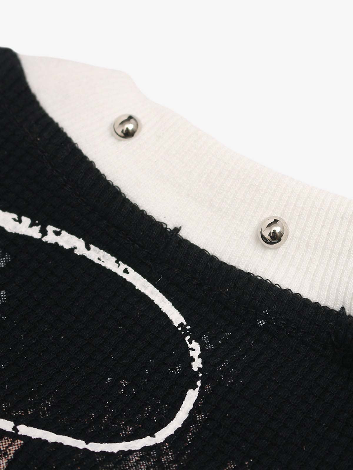 Gothic Cross Print Studded Collar Waffle Knit Graphic T-Shirt 