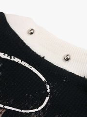 Gothic Cross Print Studded Collar Waffle Knit Graphic T-Shirt 