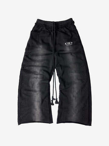 Washed Distressed Rhinestone Trim Sweatpants 